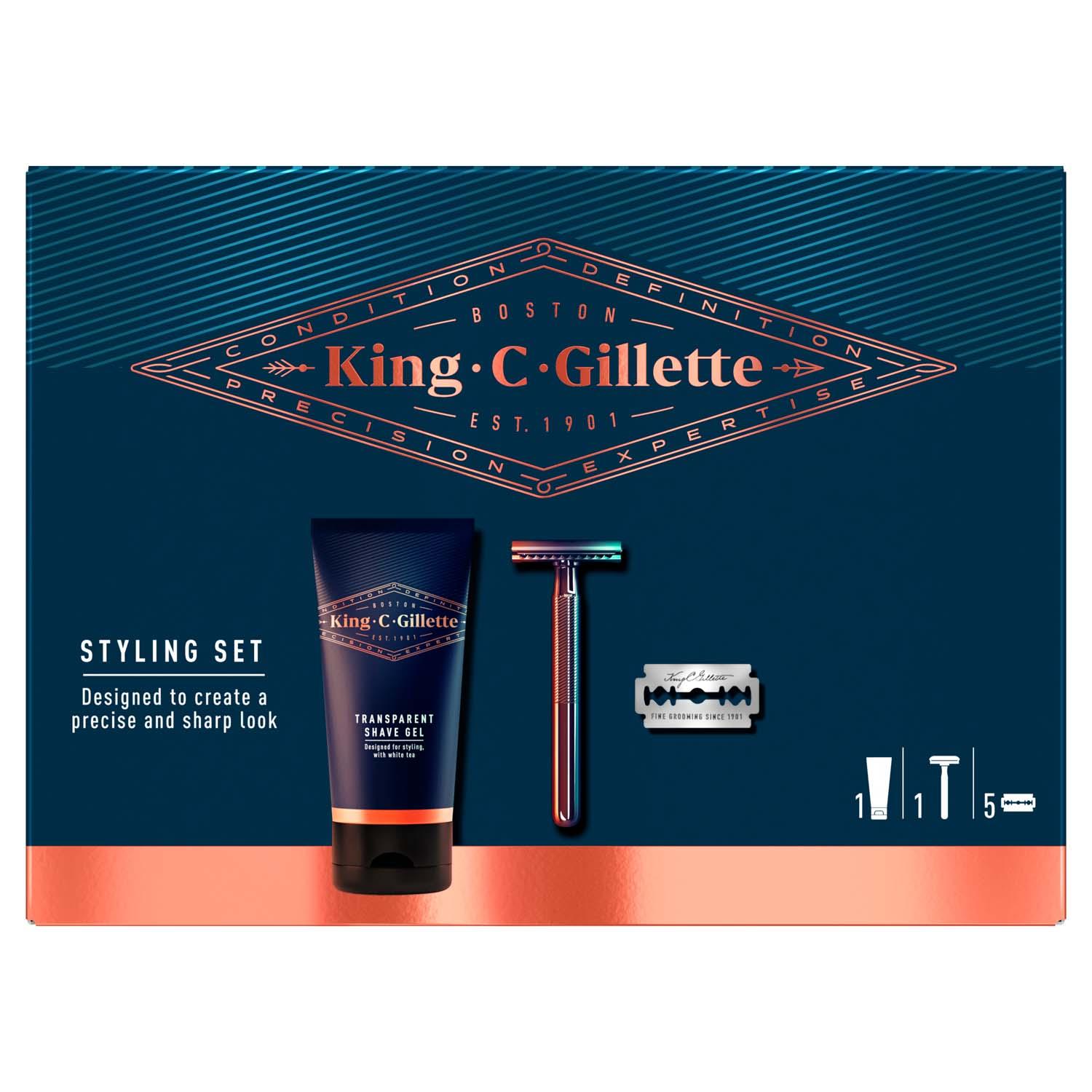 Подарочный набор для стайлинга King C. Gillette: бритва, 5 сменных лезвий, гель для бритья 150 мл