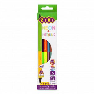 Олівці ZiBi Kids Line Neon+Metallic двосторонні 6 кольорів